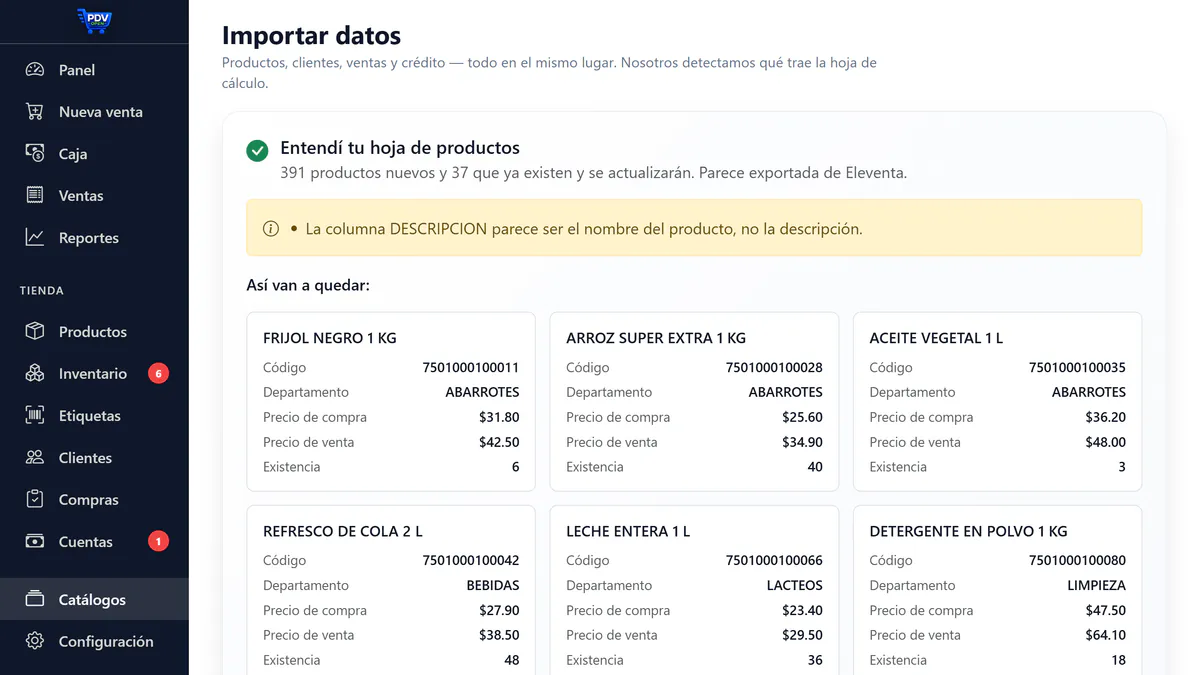 Importador de PDV Open con la vista previa de cómo quedará cada producto